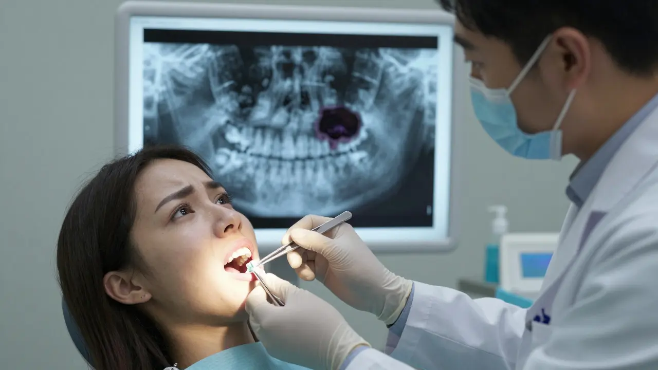 Zubař odstraňuje nalepovací zuby z úst pacienta, na pozadí rentgen s kážemi pod nimi.