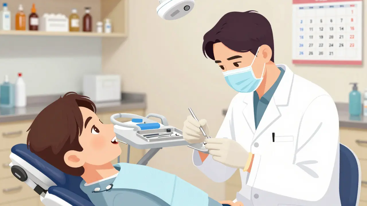 Zubní lékař aplikuje kompozitní výplň na přední zub v ordinaci.