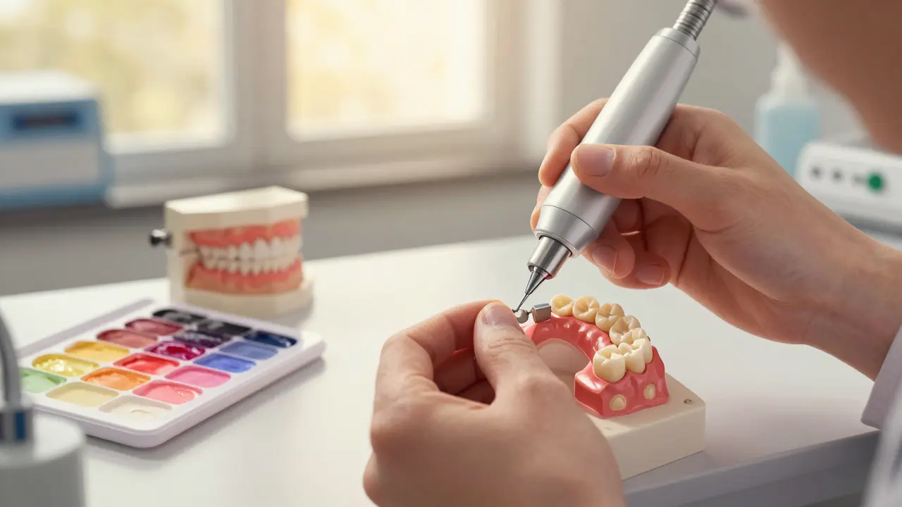 Zubní technik pracuje s 3D skenerem a kompozitními materiály v laboratoři při výrobě onlay.