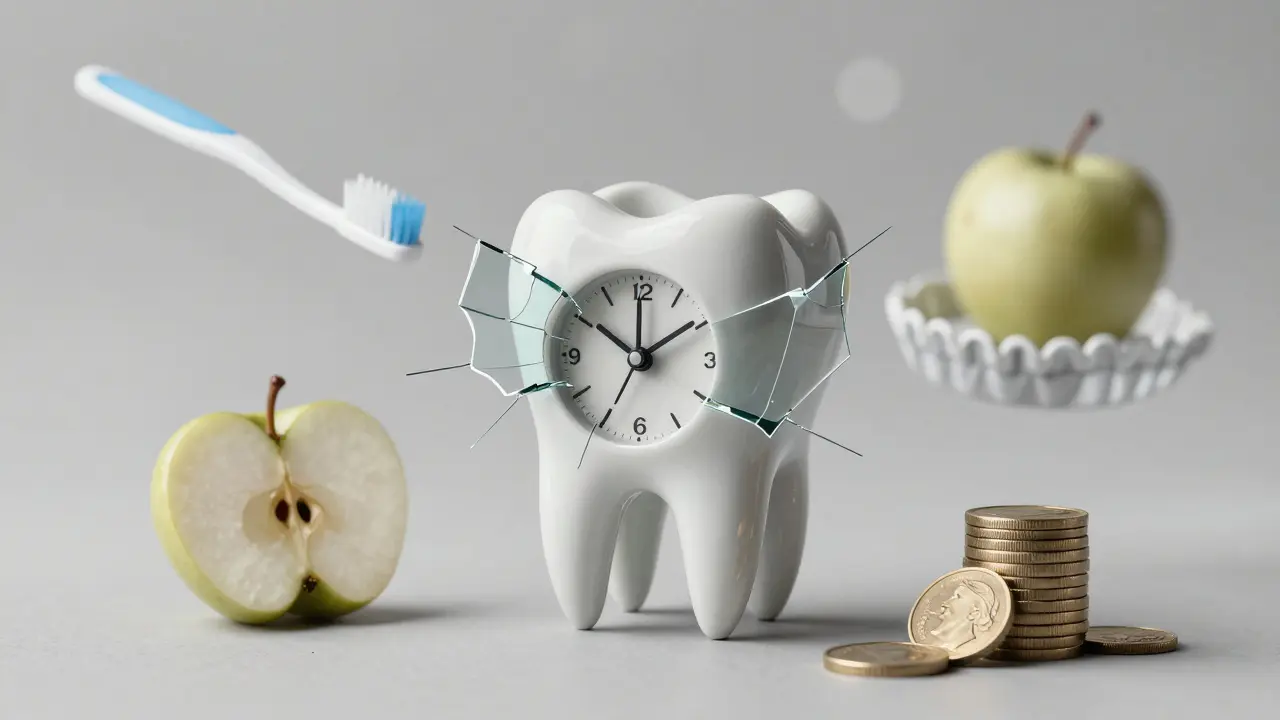 A clock inside a tooth with cracking veneers, surrounded by symbols of risks like food, money, and a night guard.