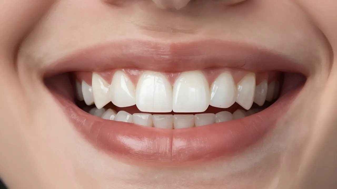 A natural tooth next to a fake-looking ceramic veneer with a visible crack and shadowed decay underneath.
