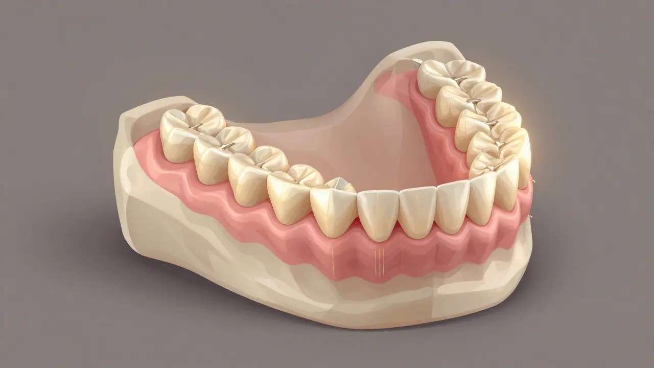 Čelist s vyjmoutelnou protézou, která podporuje kostní strukturu.