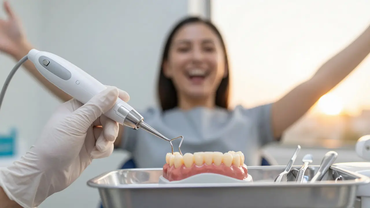 Čisté zuby vedle zubního nástroje, za nimi šťastná osoba se smíchem.