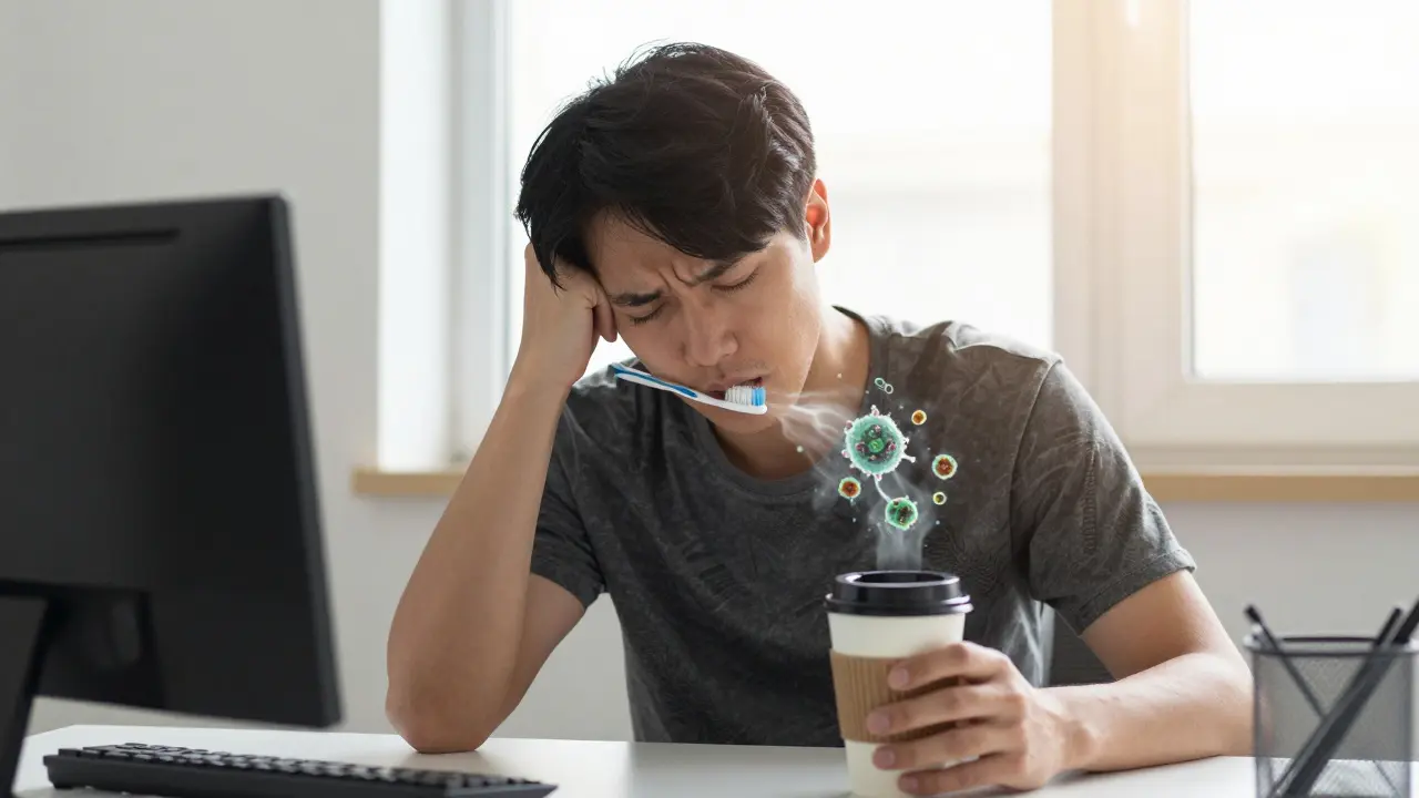 Člověk unavený u stolu, s tichým náznakem bakterií šířících se z úst k mozku.