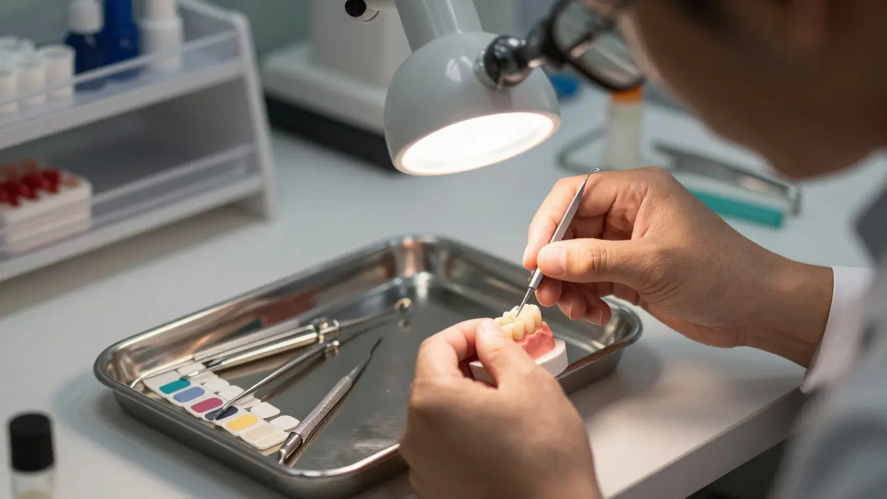 Dentální technik připevňuje tenkou keramickou fazetu na model zubu v laboratoři.