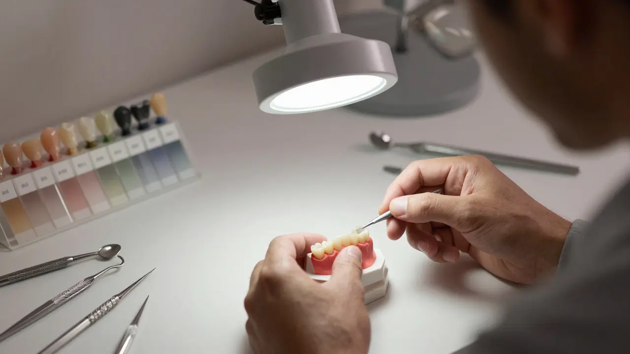 Dentální technik připevňuje tenkou keramickou fazetu na model zubu v laboratoři.