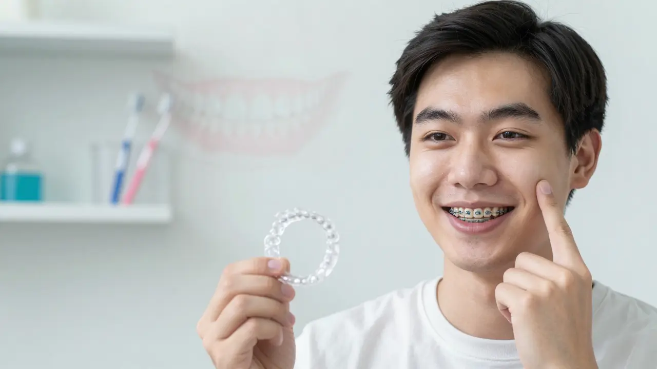 Dospělý pacient po odstranění rovnátek drží reténer a usmívá se na vyrovnané zuby.