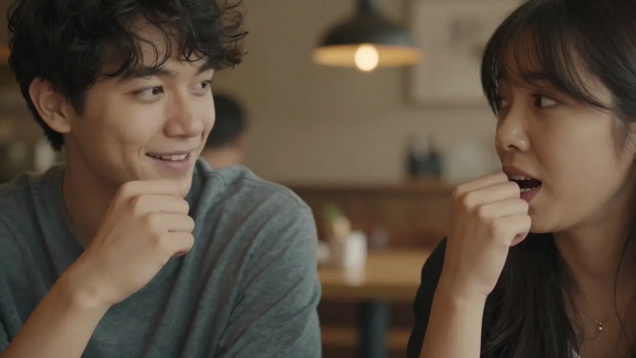 Dva lidé na prvním setkání, jeden se vyhýbá blízkosti kvůli zubnímu kamenu.