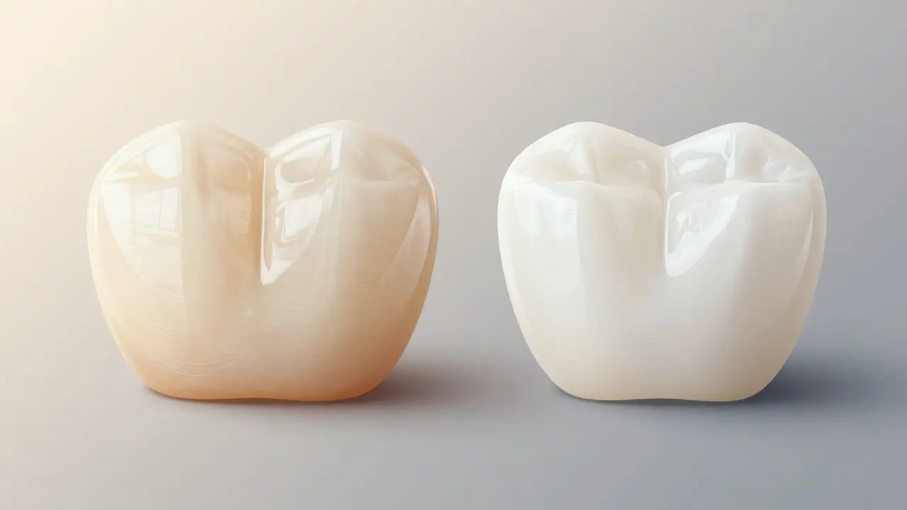 Dvě kompozitní fasety vedle sebe: jedna přirozeně vypadající, druhá neprůhledná a nekvalitní.