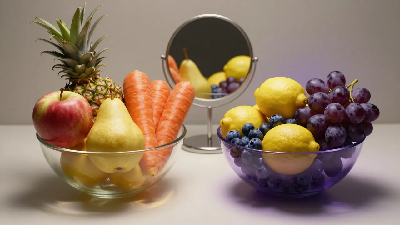 Dvě mísy s ovocem: jedna prospěšná, druhá škodlivá pro zuby.