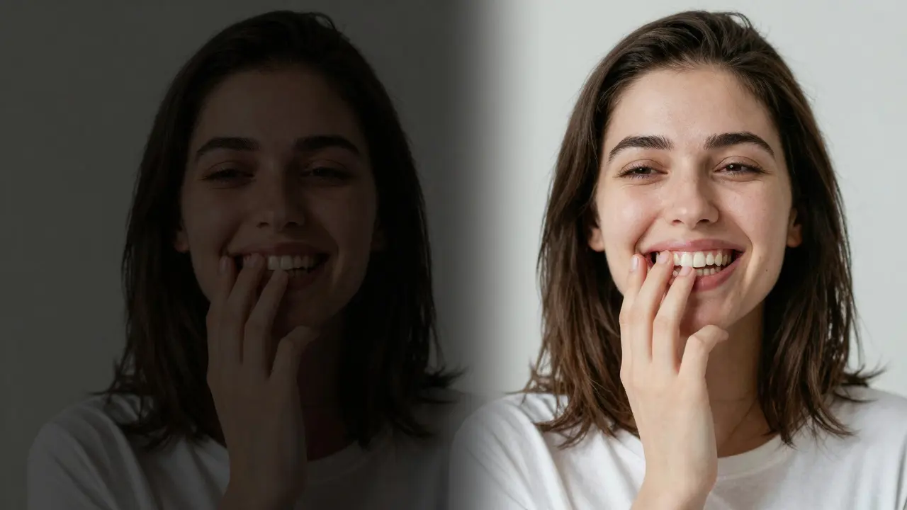 Dvě strany stejné osoby: jedna se bojí smát, druhá volně směje po léčbě.