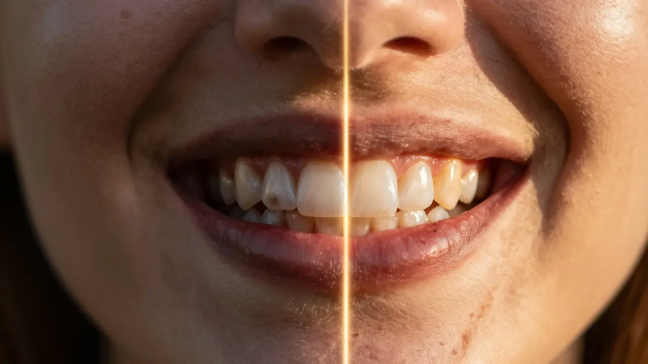 Dvojitý portrét: jedna strana s tmavými zuby, druhá s jasnými keramickými fazetami.