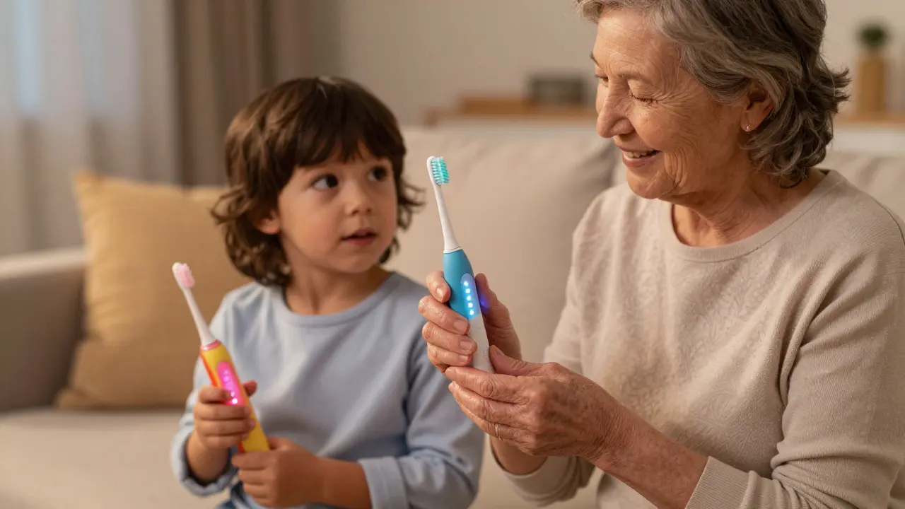 Grandmother and child using sonic toothbrushes together in cozy evening light.