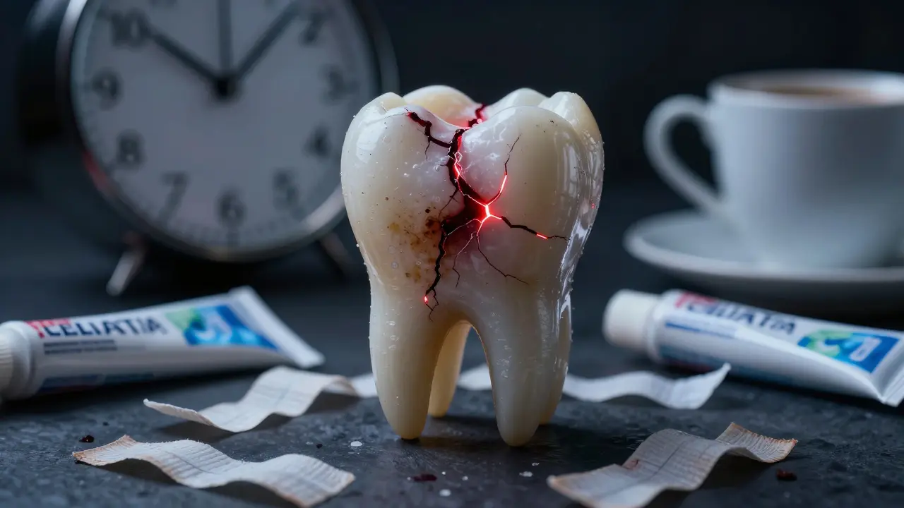 Koncepční obrázek poškozené skloviny zubu s mikrotrhlinami a návratem tmavých skvrn.