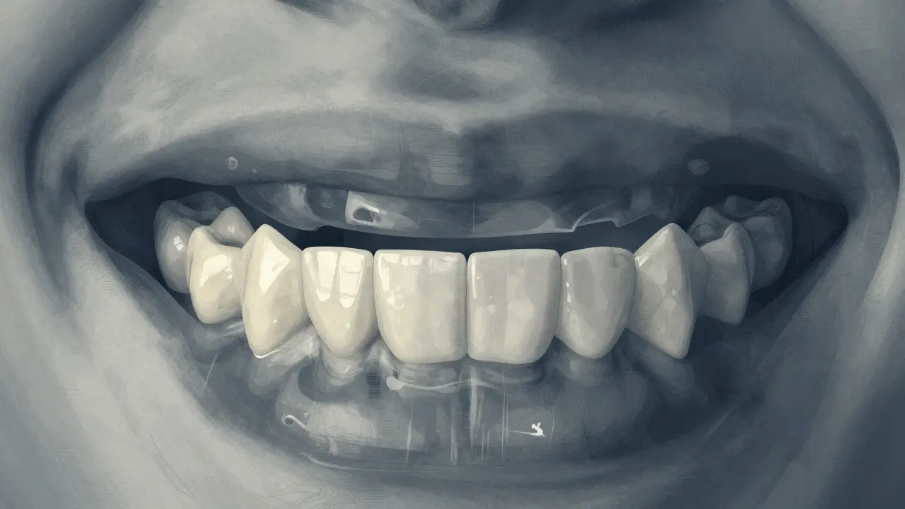 Křížový řez čelisti s viditelným opotřebením zubů a zubním štítem pro noc.