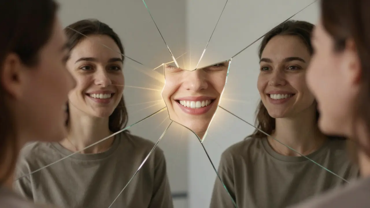 Lidský obraz v rozbitém zrcadle ukazuje transformaci úsměvu od nejistého k sebejistému.