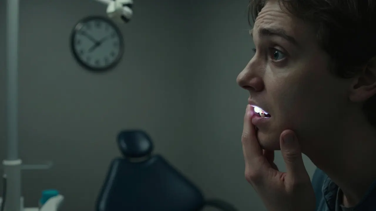 Muž se dívá do zrcadla a přemýšlí o citlivosti zubů, zatímco na zubu viditelná tmavá skvrna.