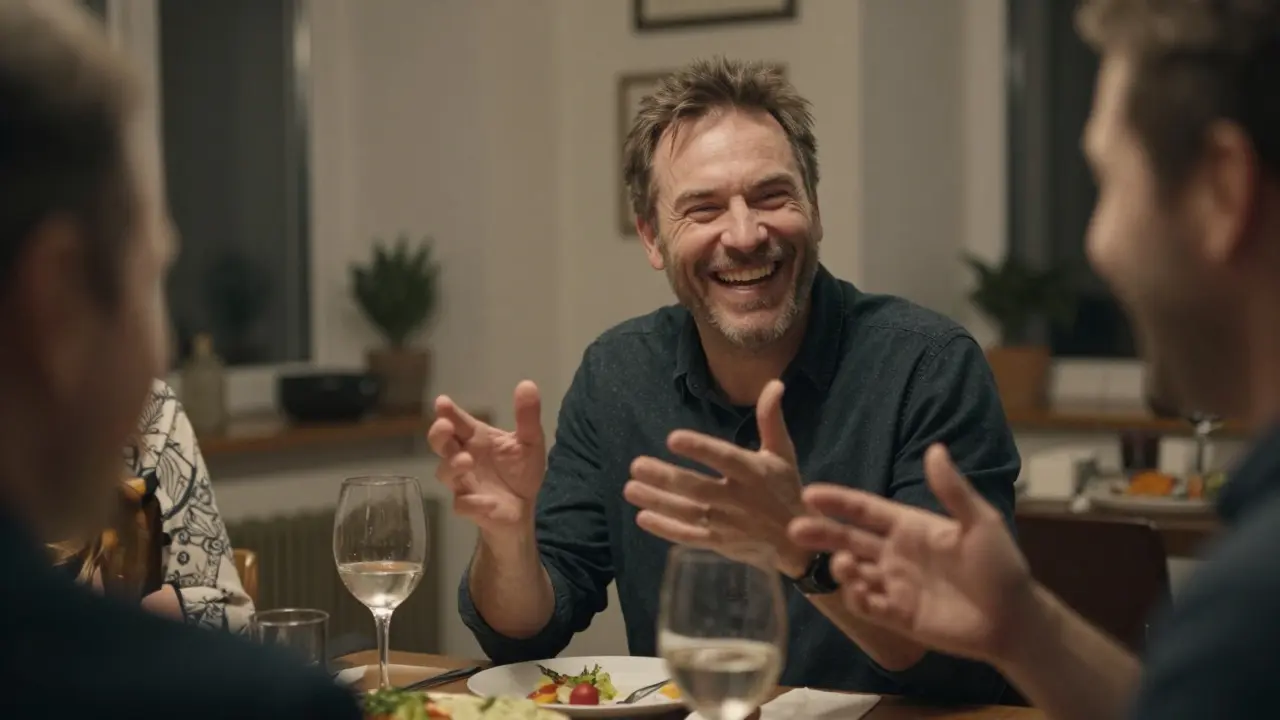 Muž se směje na večírku, plně pohlcen rozhovorem s přáteli.