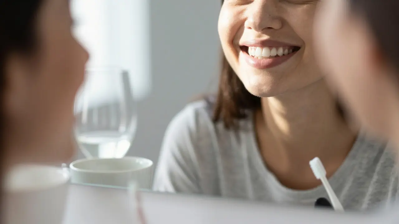 Person smiling confidently in front of a mirror with restored composite veneers.