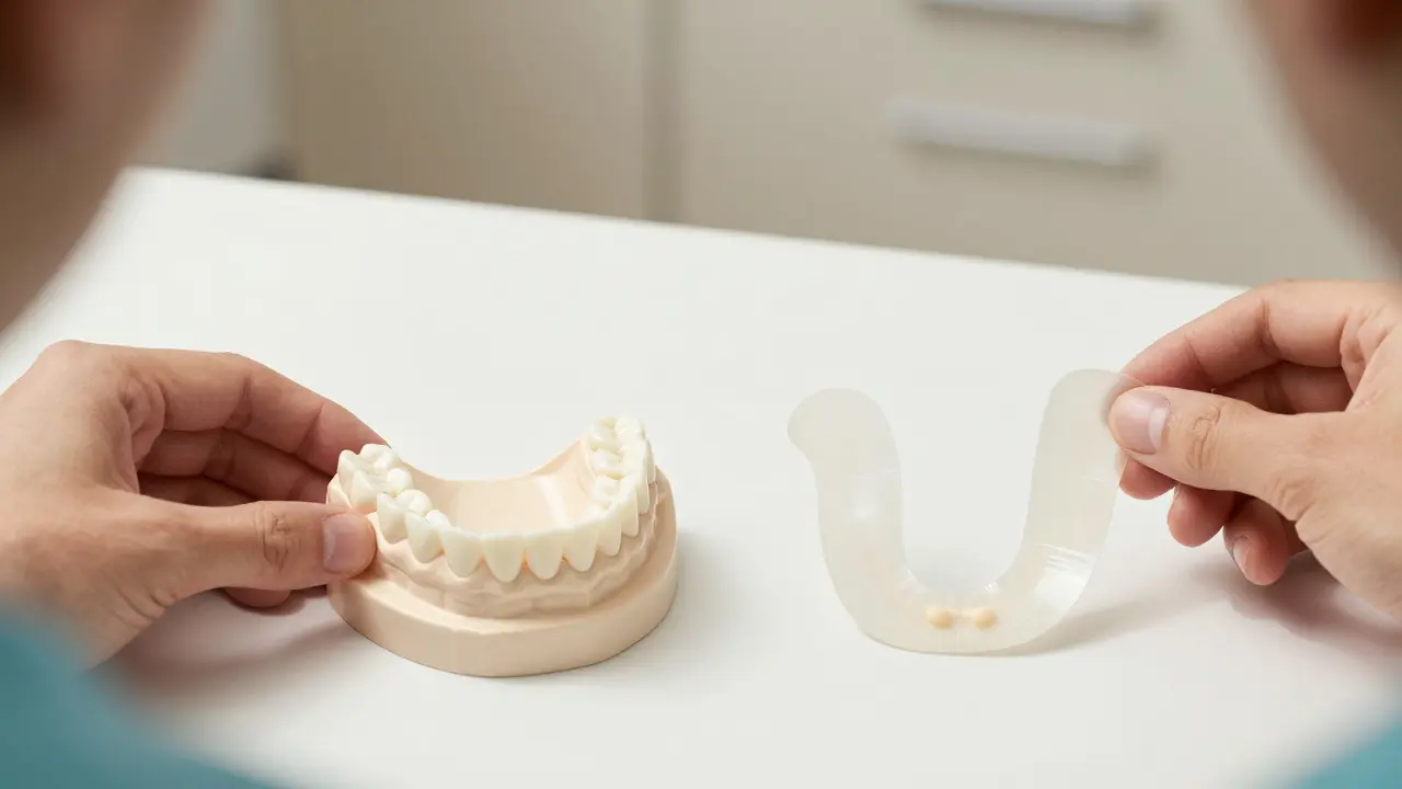 Porovnání bělicí pásky a vlastní formy pro bělení, výrazný rozdíl v přilnavosti.