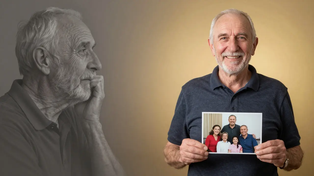 Před a po: muž s vpadlými tvářemi a pak s plným, přirozeným úsměvem.