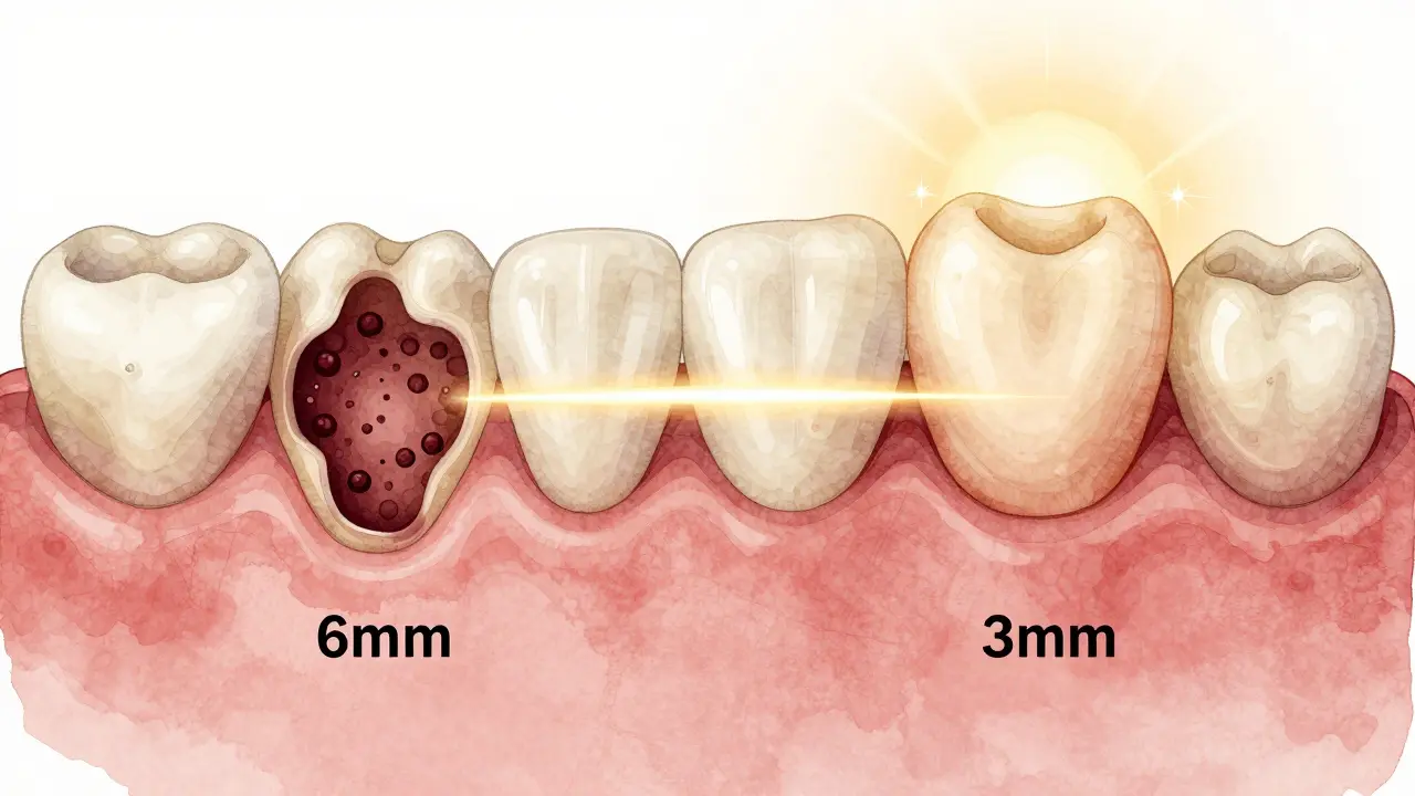Před a po porovnání parodontálních kapsí: infikované dásně vs. zahojené a přilnuté k zubu.