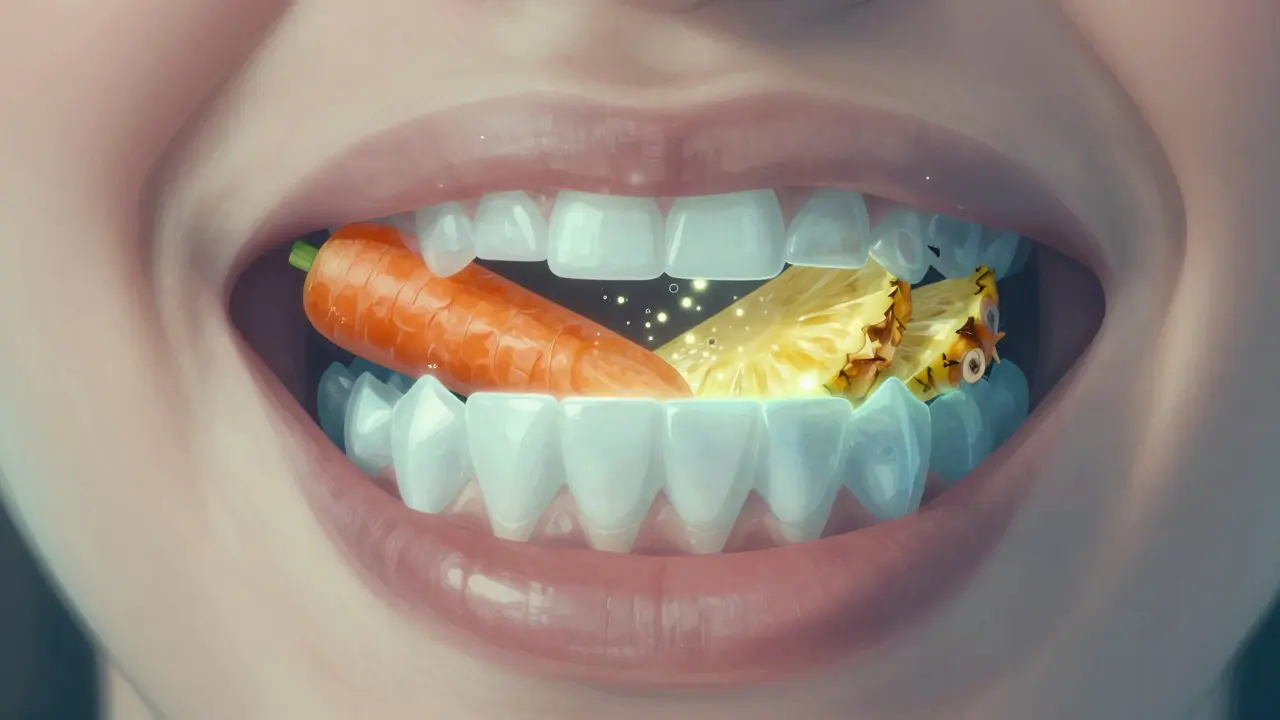 Přehledový výřez úst s enzymy z ananasu a texturou mrkve čistící zubní plak.