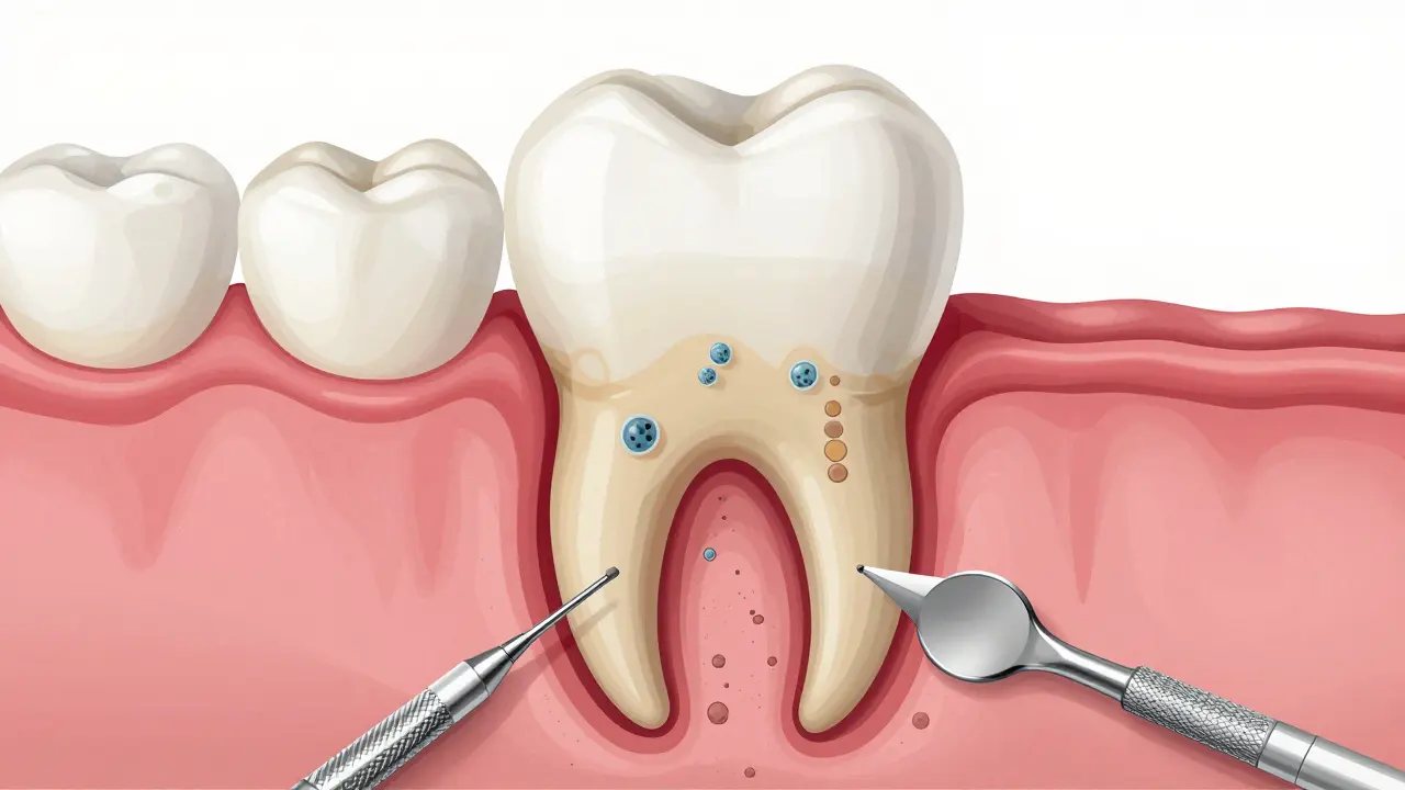 Příčný řez zubem s kamenem pod dásní a ztrátou kosti.