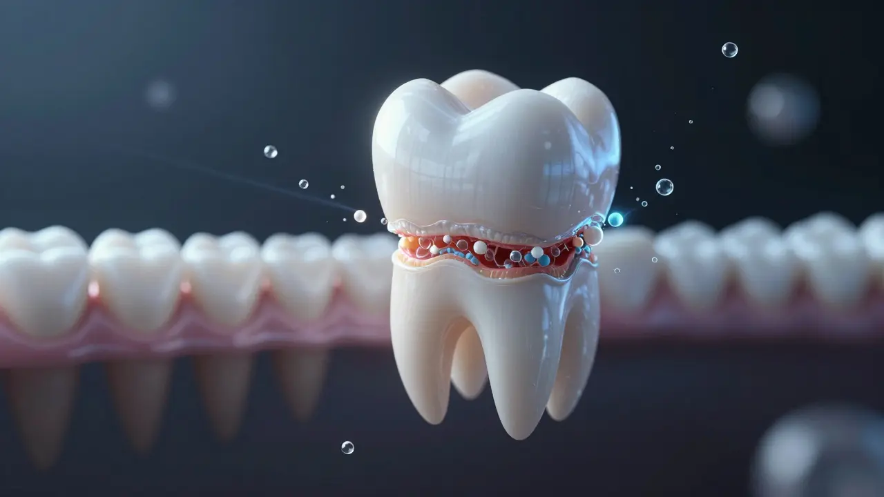 Příčný řez zubem s vrstveným kompozitním materiálem a skelnými částicemi.