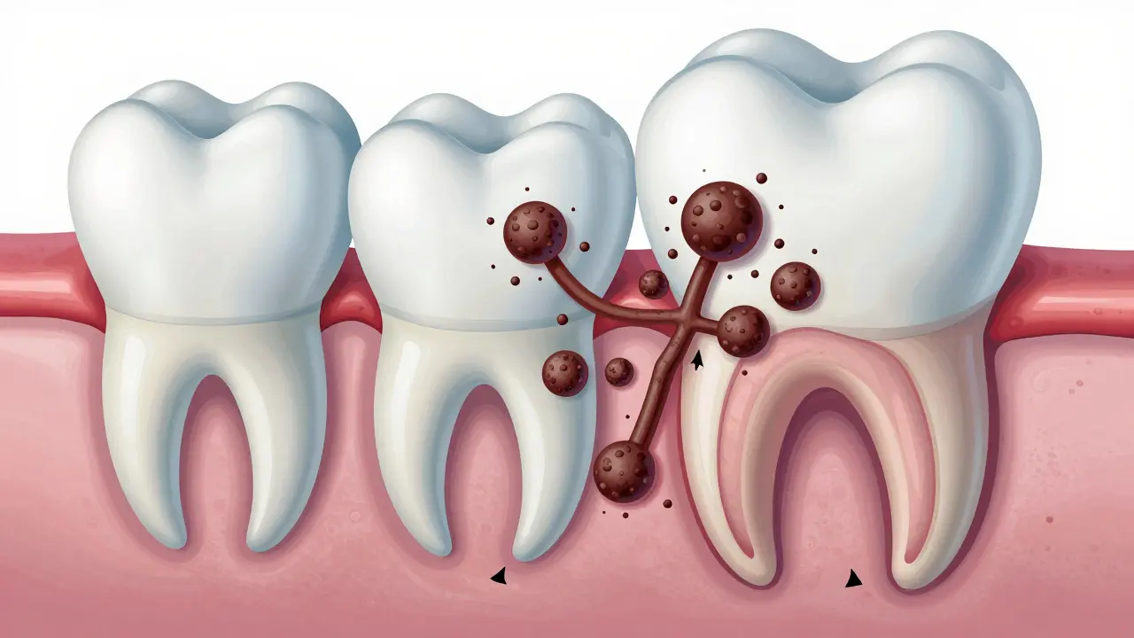Průřez zubu a dásně s kalcifikovaným plakem a ztrátou kosti pod dásní.