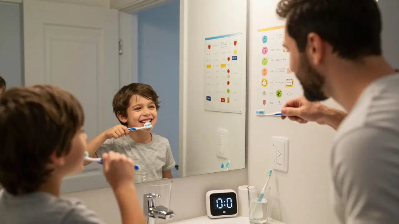 Rodič a dítě společně čistí zuby v koupelně, zrcadlo odrazuje jejich úsměv.