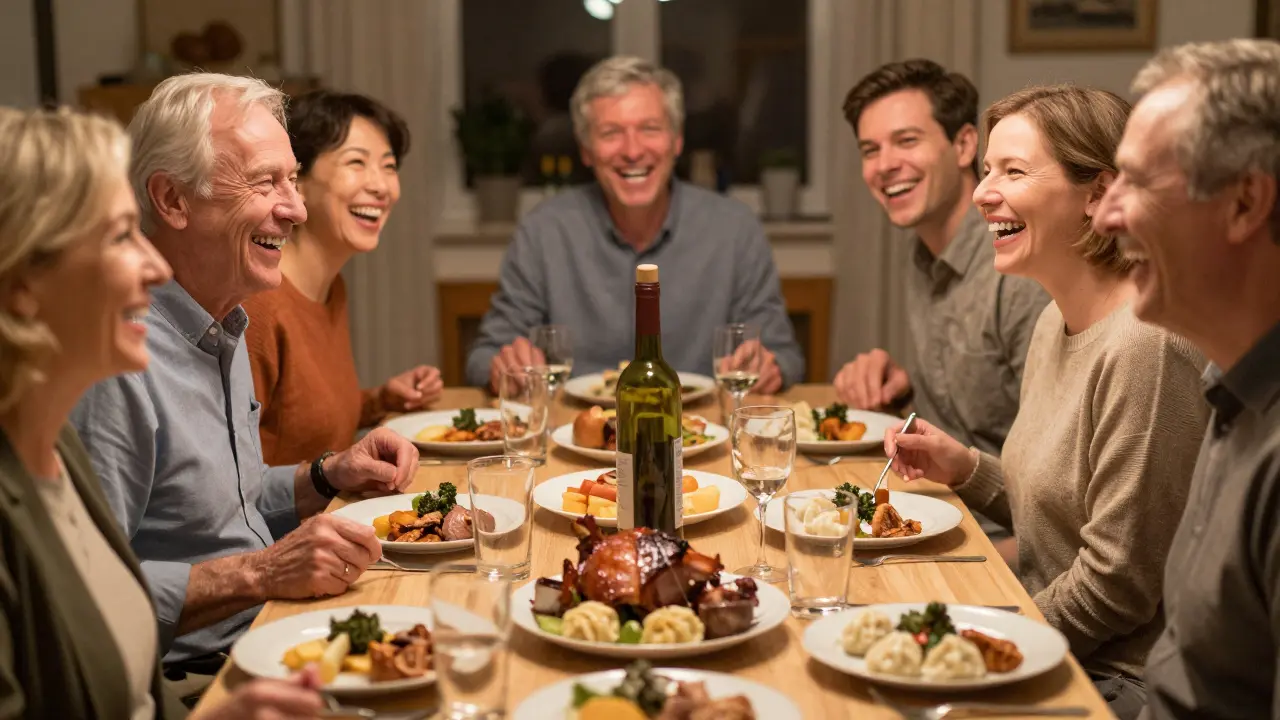 Různé věkové skupiny se smějí spolu u večeře s vyjmoutelnými zuby.
