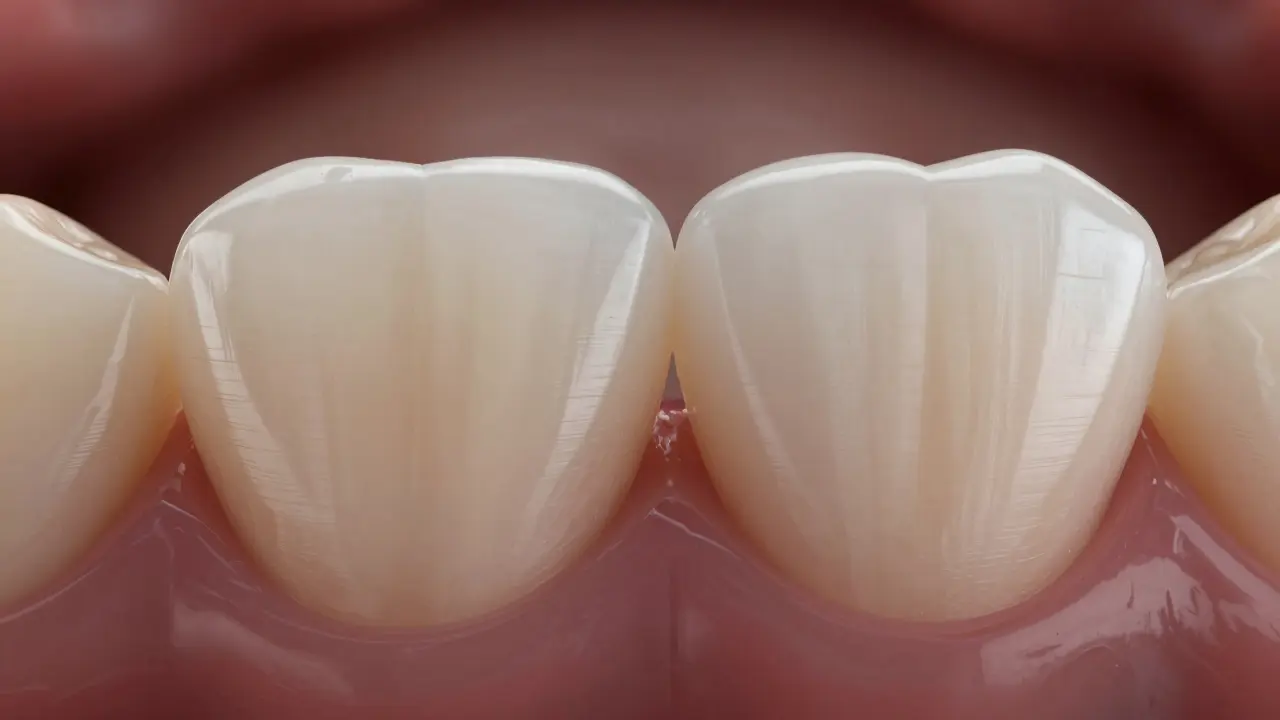 Side-by-side comparison of a natural tooth and one with composite veneer restoration.
