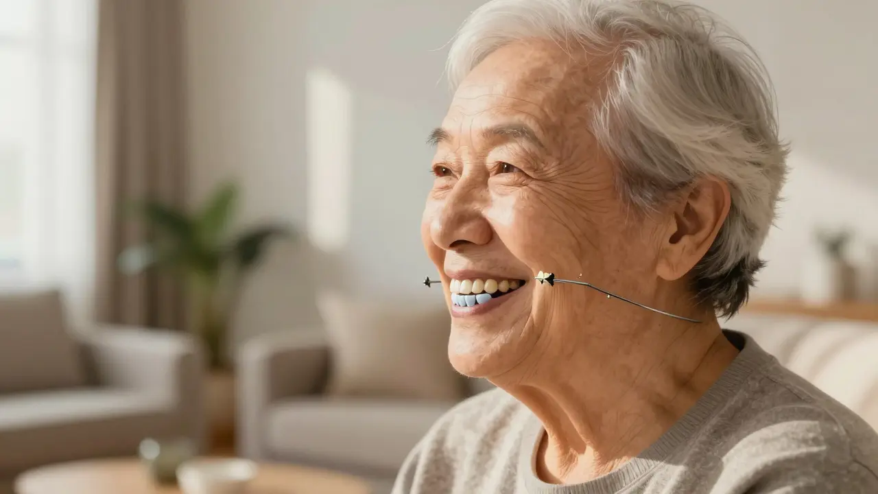 Starší pacient se usmívá s neviditelnou skeletovou náhradou, zachycený v teplém světle.