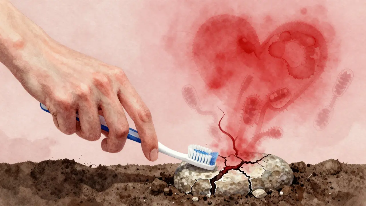 Symbolický obraz zubního kamene jako kamenitého kousku v zemi, spojeného s krví a srdcem.