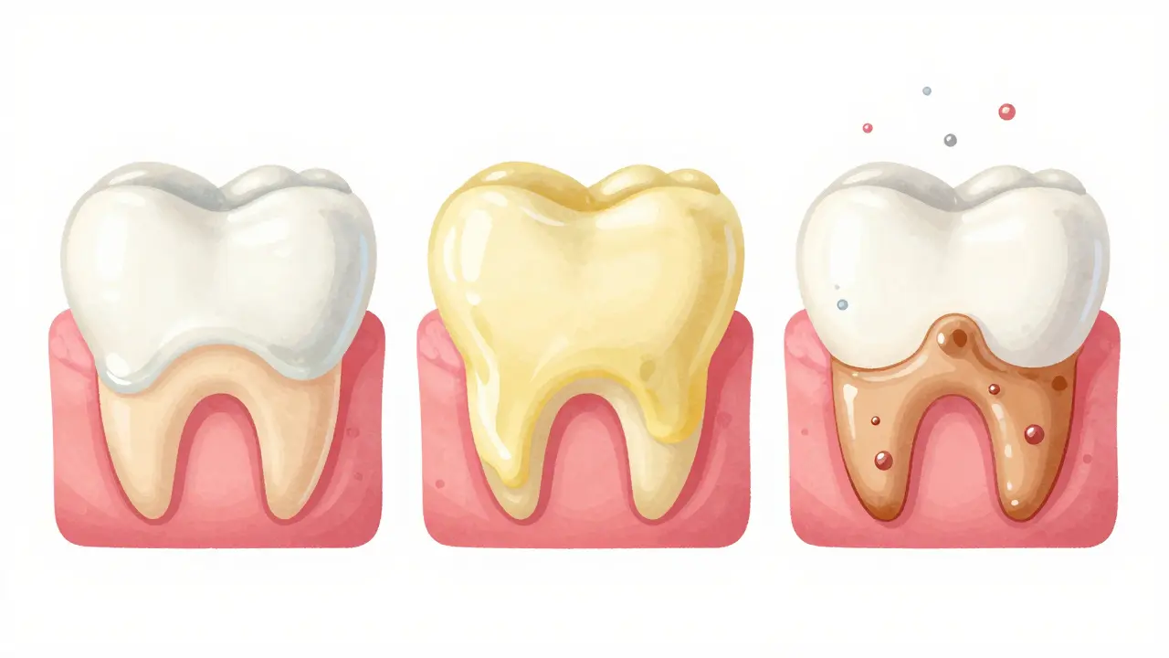 Tři obrázky ukazující postupný vývoj plaku na zubech do tvrdého zubního kamene.