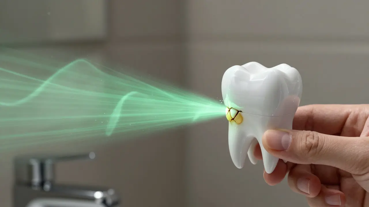 Ultrazvukový čistič odstraňuje žlutý zubní kámen, zatímco zub zůstává čistý a bělý.