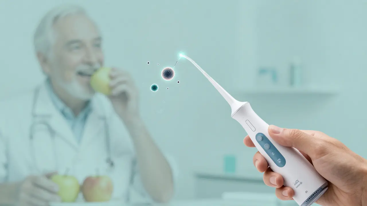 Vodní čistič zubů odstraňuje bakterie z mezizubních prostor a pod dásněmi.