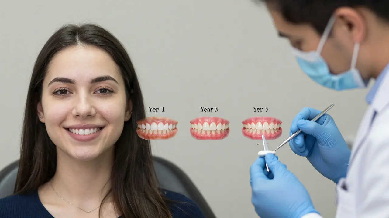 Vývoj kompozitní fasety během pěti let: od nového vzhledu přes zbarvení k úpravě.