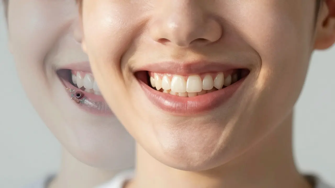 Zdravé dásně a zuby po očištění, symbolizující obnovu.