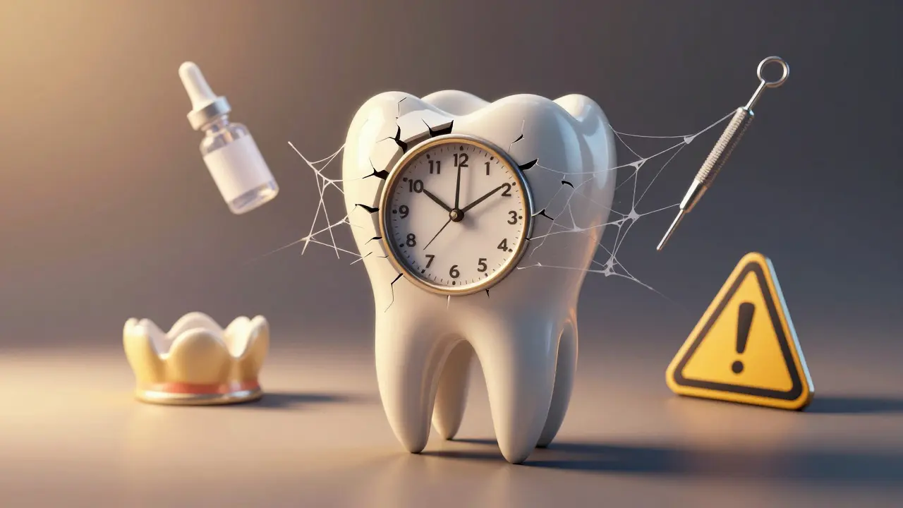 Zlomený zub s hodinami uvnitř praskliny, symbolizující časový tlak na léčbu.