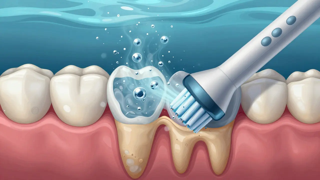 Zvětšený pohled na mikroskopické bublinky rozkládající zubní kámen pod dásněmi.