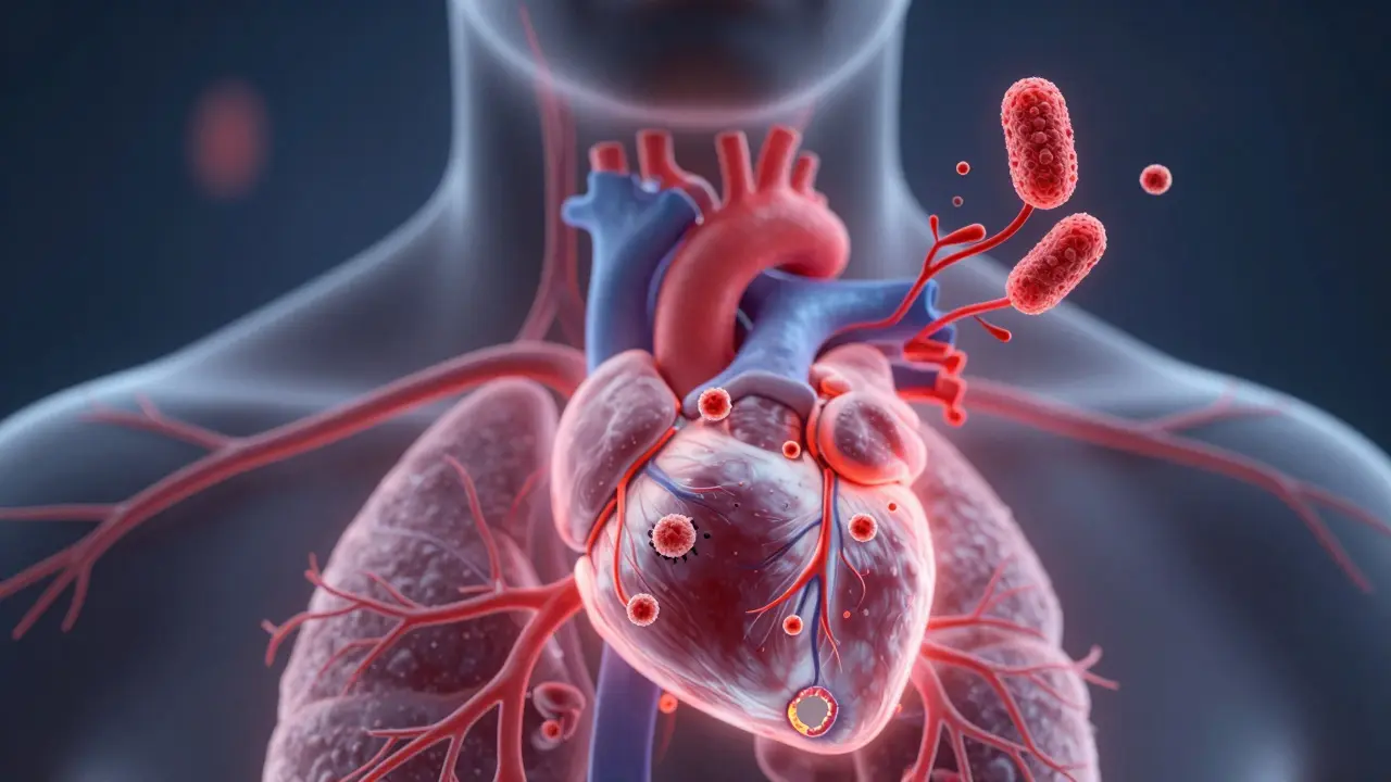 Bakterie z úst se šíří k srdci a plicím, znázorňující vliv ústního zdraví na celkové tělo.