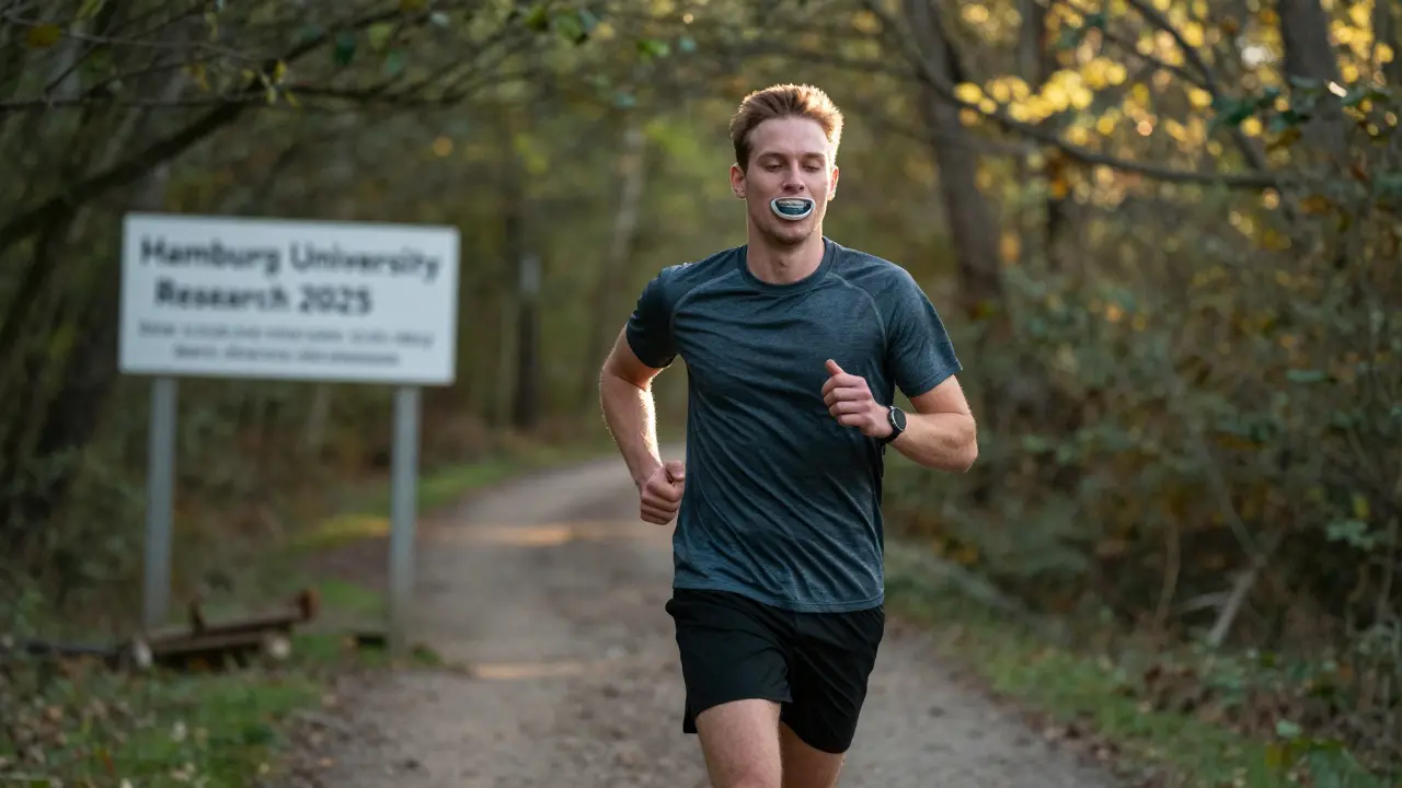 Běžec na stezce nosí speciální ústní štít přes rovnátka při běhu v přírodě.