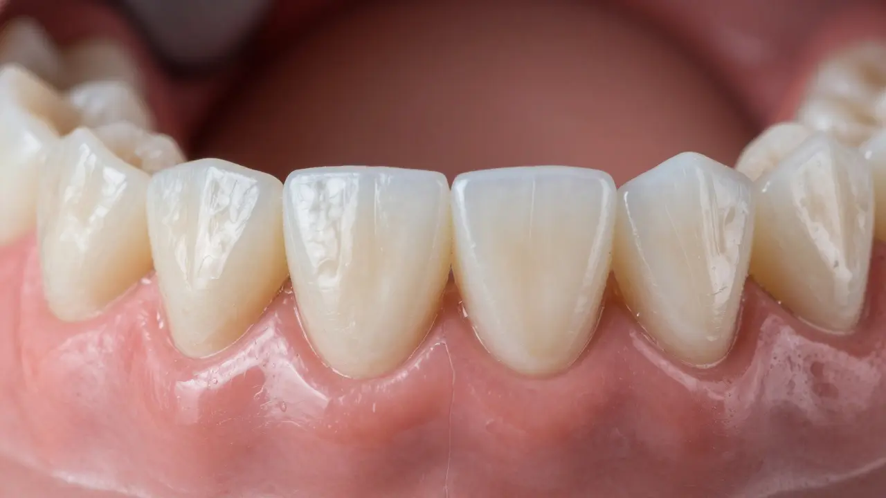 Close-up of a ceramic dental veneer on a model, highlighting its natural translucency and edge precision.