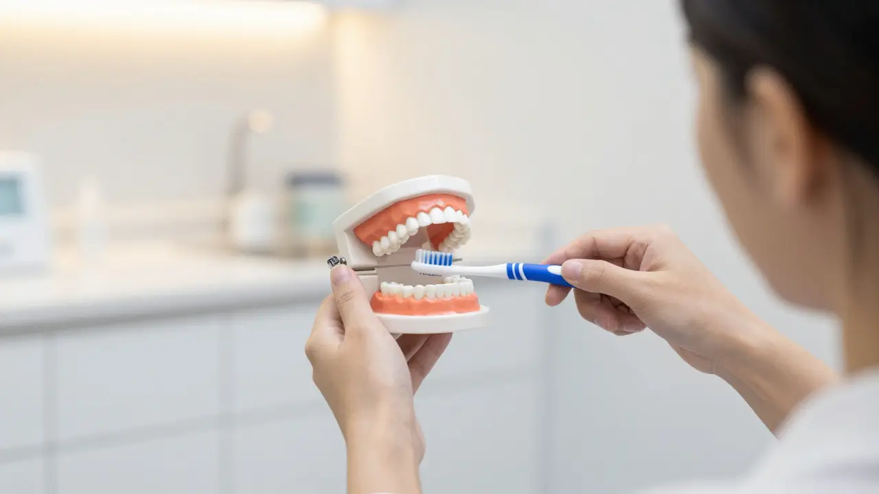 Dentální hygienistka ukazuje správný způsob používání mezizubního kartáčku na modelu čelisti.