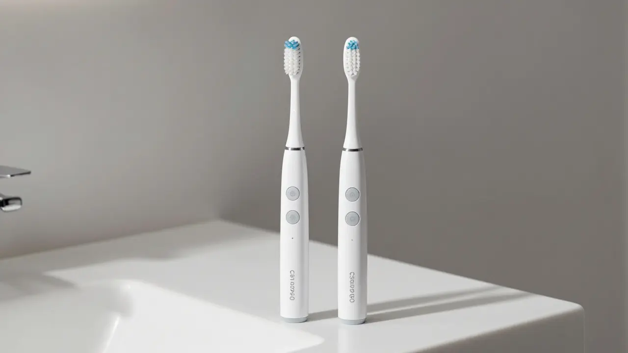 Dva modely Curaprox CS 5460 a CS 5260 na koupelnové policce s tlačítky režimů.