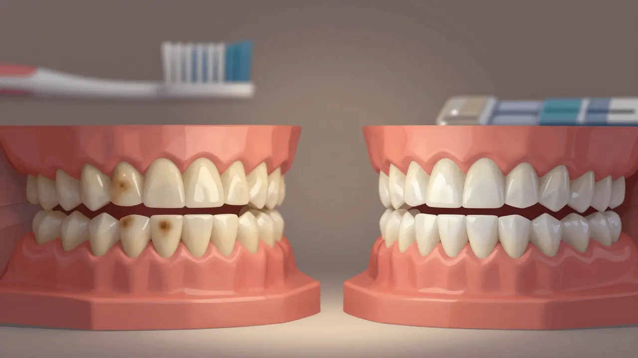 Dva modely zubů: jeden žlutý s skvrnami, druhý světlejší po bělení.