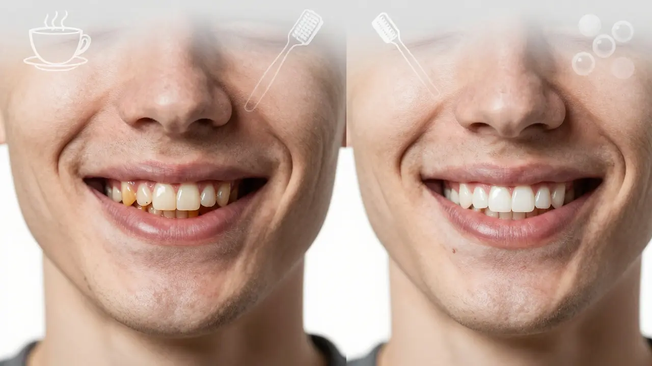 Dvě srovnávací úsměvy: jeden s kávovými skvrnami, druhý čistý a zdravý, bez textu.
