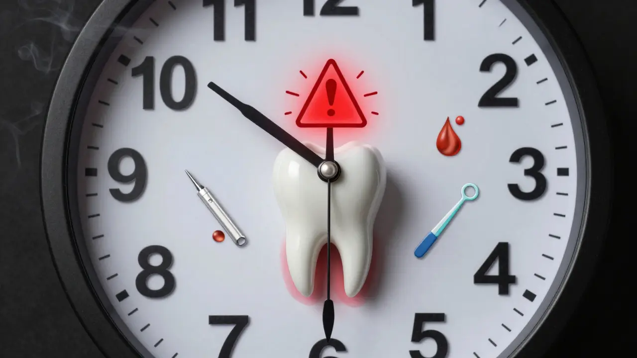 Hodiny s zuby jako číslicemi, upozorňující na nebezpečí zanedbávání zánětu zubu moudrosti.